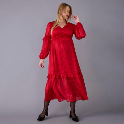 Motherhood Maternity Women's Long Sleeve V-Neck Tiered Maxi Pregnancy Dress with Drawstring, Barbados Cherry, Large