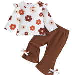 Kucnuzki Toddler Girl Clothes Long Sleeve Round Neck Tops Ruffle Floral Shirts Solid Color Bell Bottom Pants For Baby Girl Clothes 18-24 Months 2 Piece Outfit