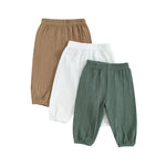 Thilsidee 3 Pack Toddler Baby Boy Girl Solid Color Pants Elastic Waist Casual Trousers Spring Fall Winter Long Pants Joggers (D-Cotton Linen White+Khaki+Green,6-12 Months)