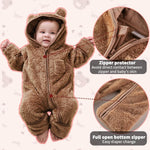 Newborn Baby Bear Outfit With Fold-Over Mittens and Footies Girls Boys Winter Fleece Clothes Hooded Romper Snowsuit