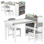 Qaba Kids Art Table & Easel Chair Set with Paper Roll, Toddler Desk and Chairs Set with Storage Shelves and Drawers, Activity Craft and Play Table for Writing Drawing Aged 3-8 Years Old, Gray