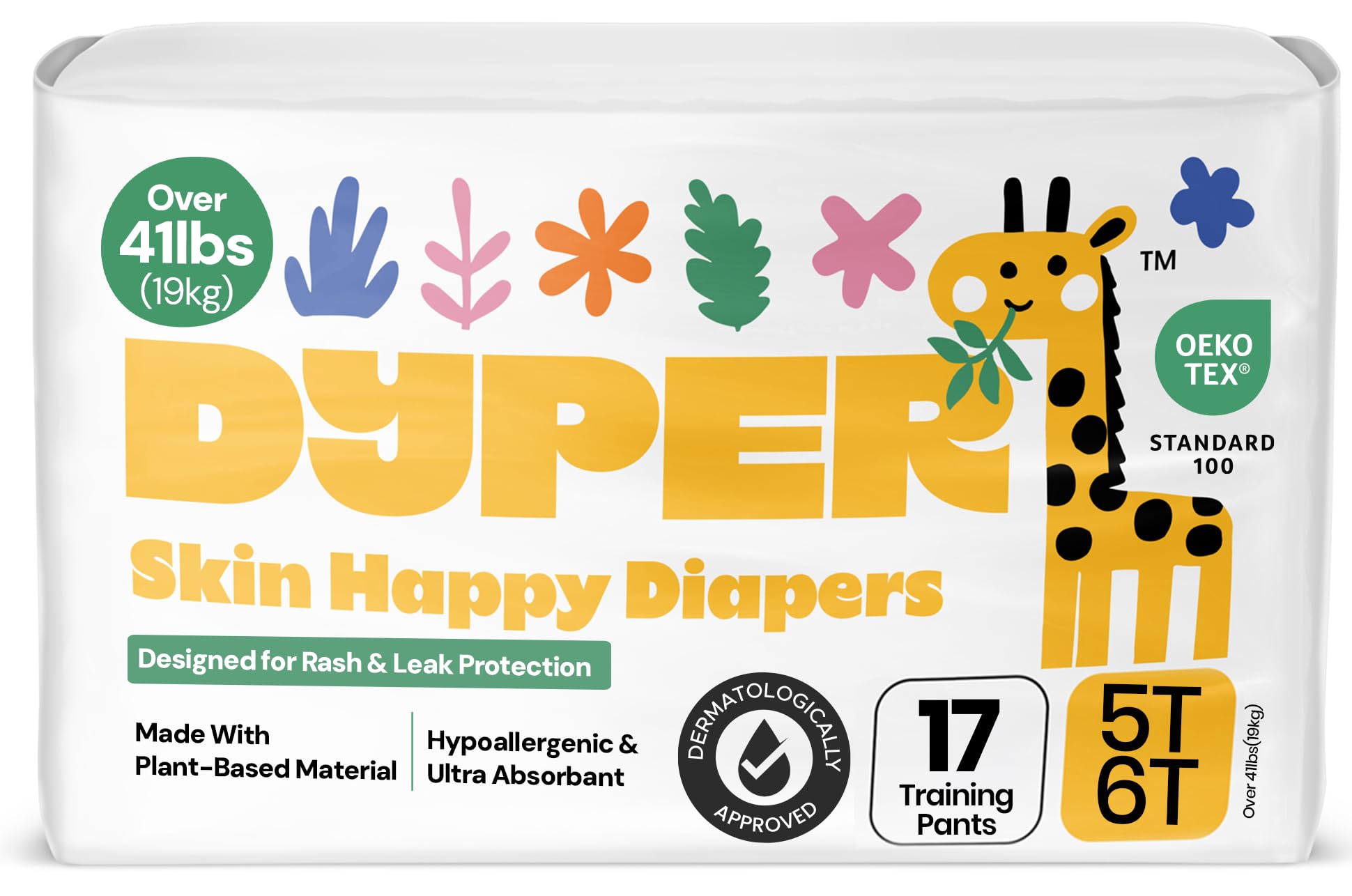 DYPER Toddler Training Pants 5T-6T for Boys & Girls Hypoallergenic,Unscented, Plant-Based & Perfect for Sensitive Skin, Leakproof Potty Training Pants for Day & Overnight Protection (17 Count)