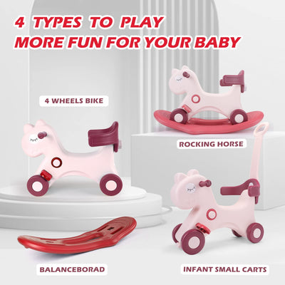 LLparty 4 in 1 Rocking Horse for Toddlers 1-3 Years Old, Baby Rocking Toy Fun Birthday Gift for 1+ Girls, Ride on Toy with Detachable Balance Board and Footrest, Balance Bike with Push Handle, Pink