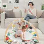 Suihuooo Baby Play Mat Activity Gym,6 Developmental Zones Tummy Time Mat, Foldable Wooden Baby Play Gym with 7 Detachable Sensory Toys for Newborn Brain Development, Essential Baby Shower Set