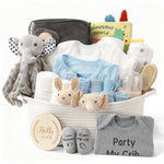 Giftissimo 28 Piece Baby Shower Gifts for Boys, Baby Essentials for Newborn, Large Baby Boy Gift Basket, Gender Reveal Gifts, Baby Registry Search, Diaper Caddy Organizer (Blue)