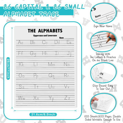 Eaasty 100 Pcs Alphabet Tracing Paper Trace Letters Alphabet Handwriting Practice Workbook for Kids Ages 3-5 Practice Paper Learning to Write Letters for Pre K and Kindergarten (8.5x11 Inches)