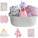 CREVENT Baby Welcome Gift Set Storage Basket with 2 Blankets+ 1 Security Blanket + 1 Taggie + 1 Gift Bag with Ribbon (Ivory)