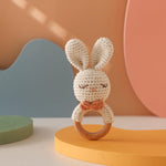 Natural Hand-Knit Wooden Baby Rattle - Soft Animal Shaped Sensory Toy for Newborns, Infants | Safe Beechwood & Crochet Texture | Perfect Baby Shower Gift