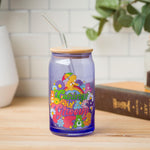 Silver Buffalo Care Bears Retro Flower Power Caring is Groovy Featuring Funshine, Friend, Good Luck, Harmony, Cheer Bear Purple Glass Jar Tumbler with Bamboo Lid and Glass Straw, 16 Ounces