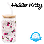 Silver Buffalo Sanrio Hello Kitty Strawberry Milk Bow Pink Polka Dot Glass Jar Tumbler with Bamboo Lid and Glass Straw, 16 Ounces
