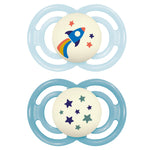 Two baby pacifiers with space-themed designs on a white background