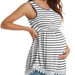 Xpenyo Womens Maternity Tank Top Sleeveless Lace Crochet Trim Peplum Cami Shirts White Striped L