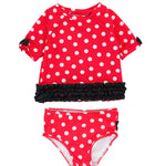 RuffleButts Girls UPF50+ Sun Protected Short Sleeve Rash Guard Bikini - Red Vintage Polka Dot, 3-6m