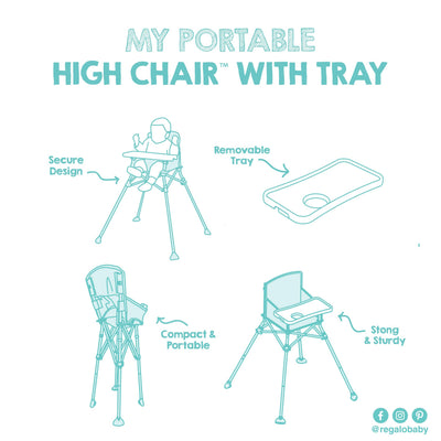 Regalo My Portable High Chair, Foldable High Chair for Babies & Toddlers, Indoor/Outdoor Baby Chair, Travel High Chair with Tray & Cup Holder, Aqua