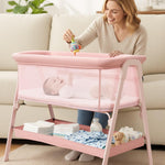 JevrJeur Baby Bassinet, Bedside Bassinet for Baby, Bassinet Bedside Sleeper with Mattress, Storage Basket and 4 Auto-Lock Wheels, Full-Mesh Sides, Bedside Mini Crib for Newborn (Pink)