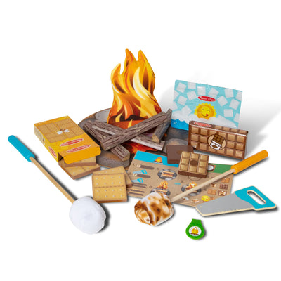 Wooden playset with campfire, utensils, and food items on a white background