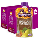 Happy Baby organic baby food pouch with purple packaging on a white background