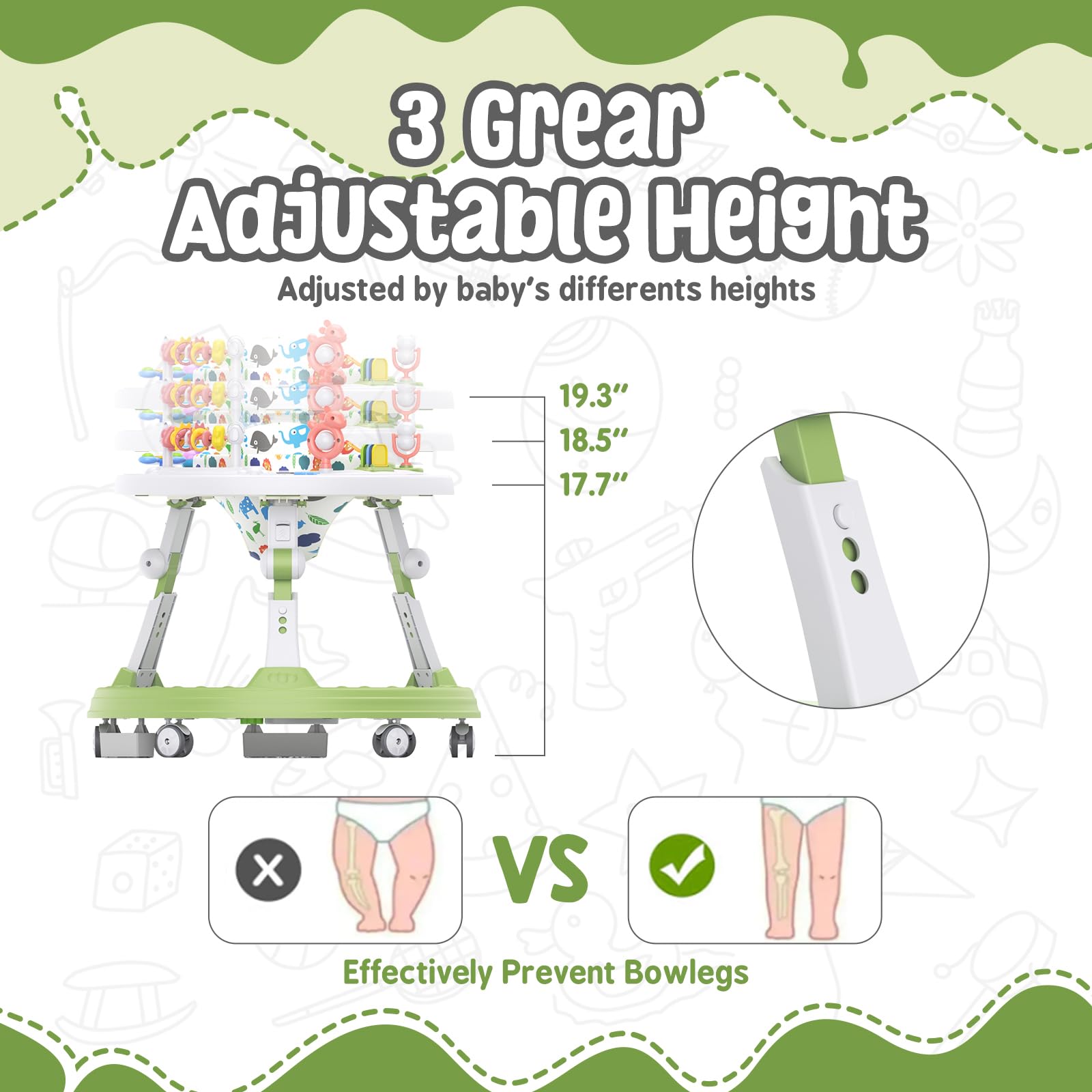 Baby Walker Foldable, 4-in-1 Toddler Infant Walkers with Wheels, 360-degree Rotatable Play Tray, for Boys and Girls 6-18 Months- Activity Center, 3-Gear Height Adjustable, Music and Lights(Green)