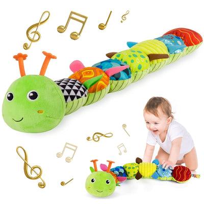 Colorful caterpillar-shaped toy with music notes and a child playing with it.