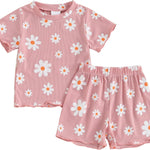 fhutpw Toddler Baby Girls Summer Outfits Daisy Ruffle Short Sleeve T-Shirts Tops Floral Shorts 2Pcs Clothes Set 6M-4T