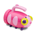 Pink toy flashlight with caterpillar design on a white background