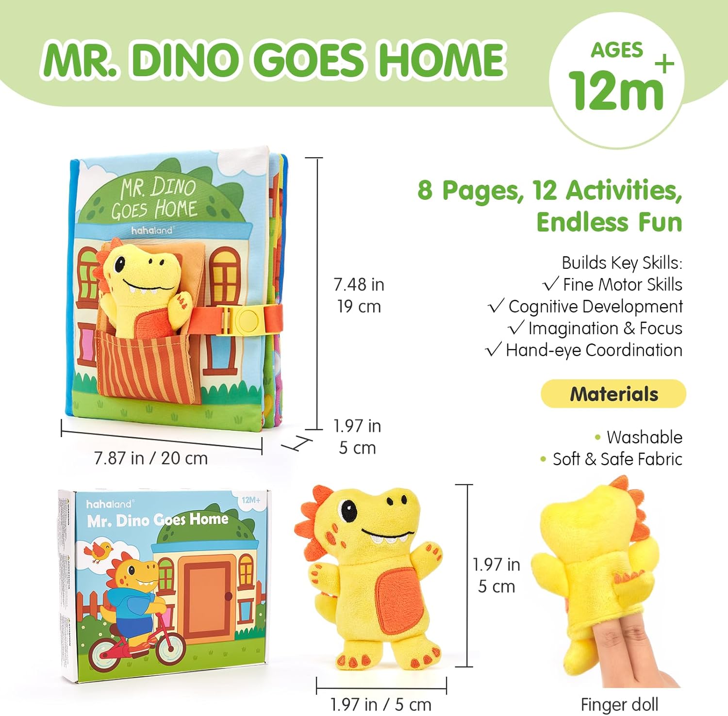 hahaland Busy Book for Toddlers 1-3 - Montessori Toys for 1 Year Old Boy Gifts, Sensory Toys, Dinosaur Soft Fabric Activity Book for Fine Motor Skills, Educational Learning Travel Baby Toys 1 Year Old