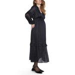 Motherhood Maternity Women's Long Sleeve V-Neck Tiered Maxi Pregnancy Dress with Drawstring, Black, Medium