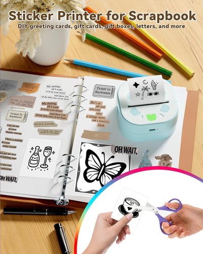 NDYIN Sticker Printer, PrintPods Mini Printer, Bluetooth Portable Sticker Maker with 3 Rolls Paper, Print Pod Inkless Thermal Printer for iPhone, Impresora Portátil for Notes, Journal, DIY, Kids Gift