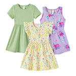 PATPAT Girls 3-Pack Dresses Floral & Solid Skater Soft Cotton Summer Outfits for School, Playdates & Daily Wear 5–6 Years