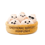 Plush dumplings in a bowl labeled 'Emotional Support Dumplings' on a white background