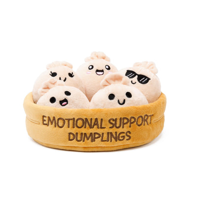 Plush dumplings in a bowl labeled 'Emotional Support Dumplings' on a white background