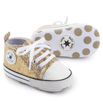 KKIIDDSS Unisex Baby Girls Boys Canvas High-top Shoes, Newborn Infant Anti-Slip Soft Sole Frist Walking Sneakers (B02/Sequin Gold,12-18 Months)