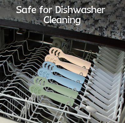 Colorful baby clothes hangers inside a dishwasher with text 'Safe for Dishwasher Cleaning'.