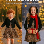 PATPAT Toddler to Big Kid Cotton Dress with Matching Cardigan – Ideal for Seasonal Wear, Black Leopard, 5-6 Years