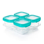 Four clear food storage containers with teal lids on a white background