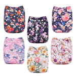 Set of six floral-patterned cloth diapers on a white background