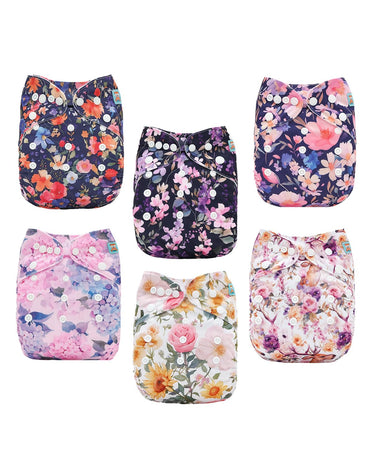 Set of six floral-patterned cloth diapers on a white background