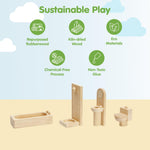 PlanToys® Bathroom Classic Set for Montessori Inspired Home and Small World Play | Practical Life, Social Skills and Imaginative Scene Building | Eco Friendly Wooden Dollhouse Bathroom Furniture