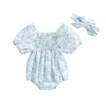 MERSARIPHY Baby Summer Clothes Newborn Infant Girl Smocked Pleated Romper Bubble Short Sleeve Bodysuit Outfits(Blue floral,0-3 Months)