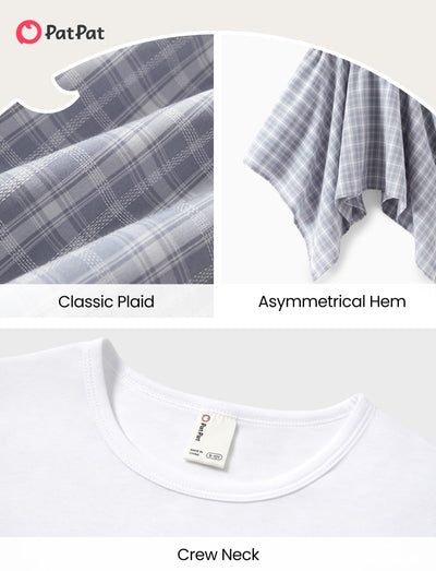 PATPAT Girls 2 Piece Skirt Sets Size 11-12 Years, White Shirts + Blue Plaid Skirts Clothing Sets Summer Outfits, Preppy Clothes for Girls Western Outfits Streetwear