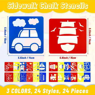 YETOOME 24 Pieces Stencils for Kids, 5.9 x 5.5 Inches Chalk Drawing Stencils, Large Washable Vehicles Themed Primary Shape Template for Kids Toddlers Preschooler