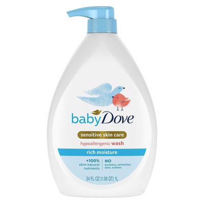 Baby Dove sensitive skin care wash bottle on a white background