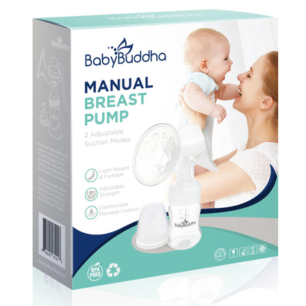 BabyBuddha manual breast pump packaging with a mother and baby on a white background