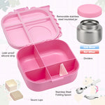 Pawtong Bento Lunch Box with Thermo, 4-Compartment Bento Box with Adjustable Dividers, Leakproof Dinosaur Lunch Box with 14.2OZ Insulated Food Jar & Sauce Jar, for School Office Travel(Pink)