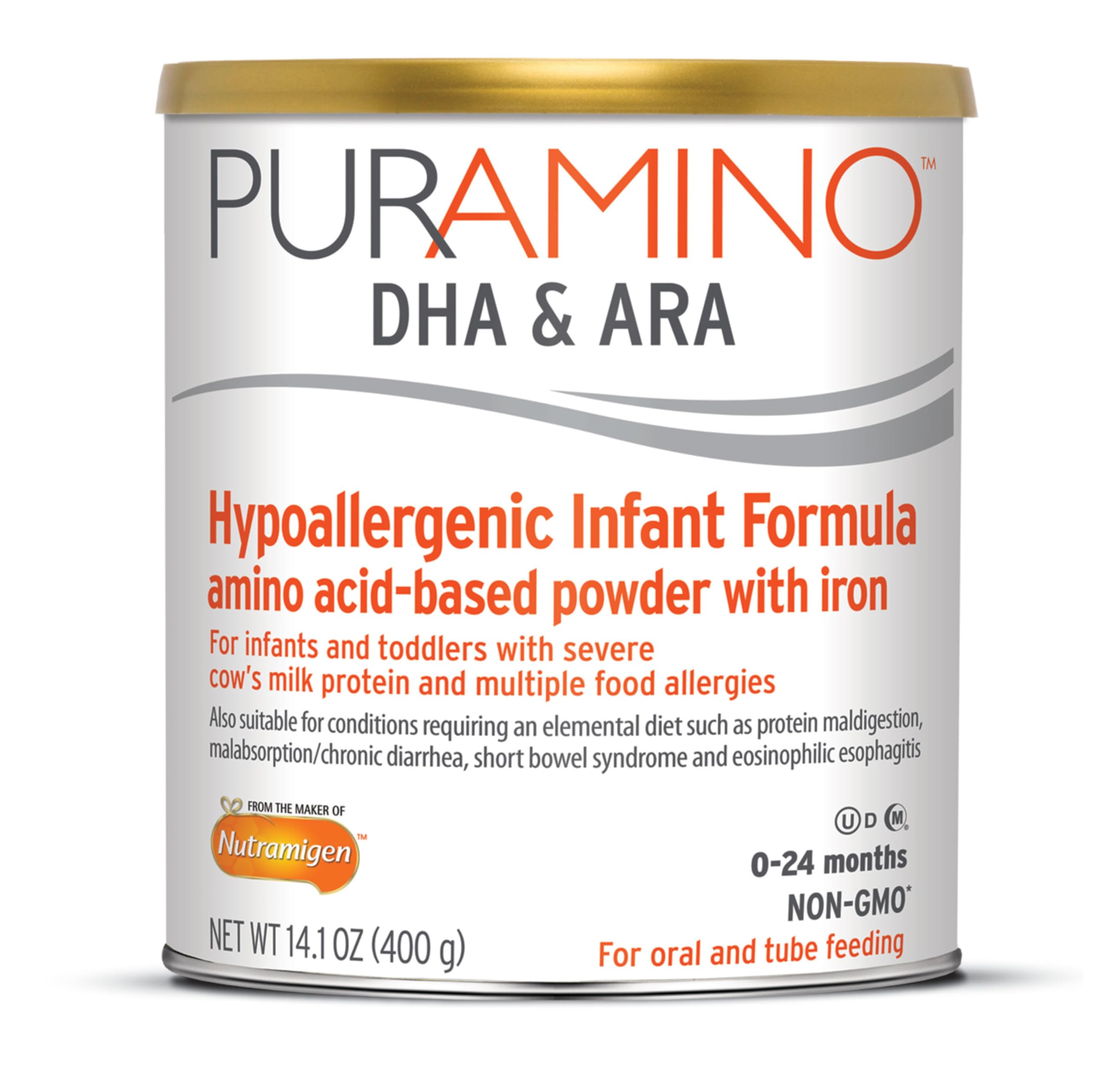 PurAmino Hypoallergenic Infant Drink, for Severe Food Allergies, Omega-3 DHA, Iron, Immune Support, Powder Can, 14.1 Oz (4 Count)