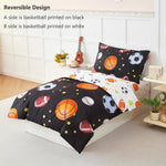 PERFEMET Sports Theme Toddler Boys Bedding Set 4 Pieces Basketball Football Printed Toddler Comforter Set Reversible Design Ball Games Bed in A Bag (Black, Toddler)