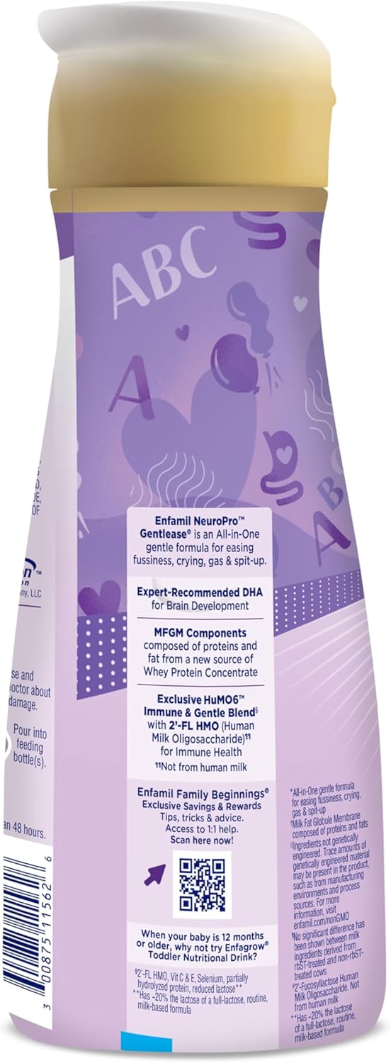 Enfamil NeuroPro Gentlease Baby Formula, Brain Building DHA, HuMO6 Immune Blend, Designed to Reduce Fussiness, Crying, Gas & Spit-up in 24 Hrs, Ready-to-Feed Infant Formula, Liquid, 32 Fl Oz (6 Count)