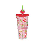 Silver Buffalo Strawberry Shortcake Berry Vines and Strawberry Pastries Plastic Cold Cup with Lid and Topper Straw, 24 Ounces