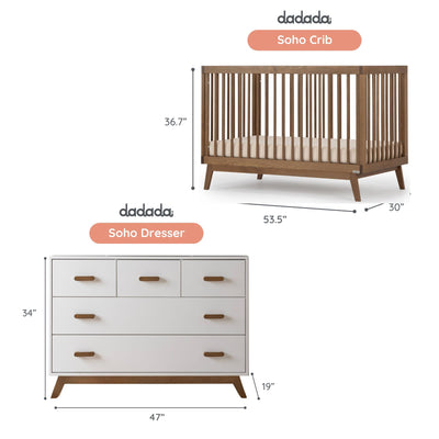 dadada Soho Baby Nursery Furniture Set. Baby Crib and Dresser Set Combo. Soho 3-in-1 Convertible Crib and Matching 5 Drawer Dresser. Walnut Beechwood