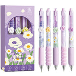 MOZXIRZ 5 Pcs Gel Ink Pens Retractable Pens Cute Flower Pen 0.5mm Black Ink Writing Pen Office School Supplies Aesthetic Pens for Women Girls (Purple)